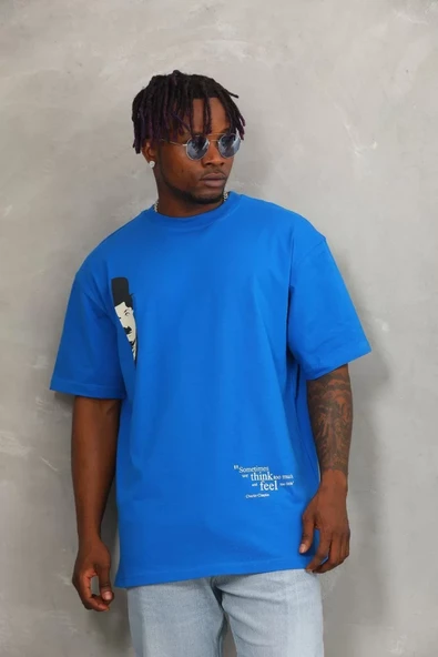 Unisex Oversize Baskılı Bisiklet Yaka T-Shirt - Mavi - 3