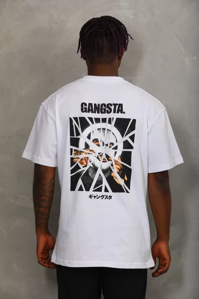 Unisex Oversize Baskılı Bisiklet Yaka T-Shirt - Beyaz - 5