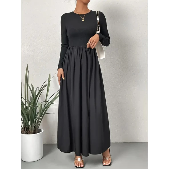 Lucky Life Kadın Uzun Kollu Bisiklet Yaka Uzun üst Viskon Alt Trikoton Elbise - Resim 5