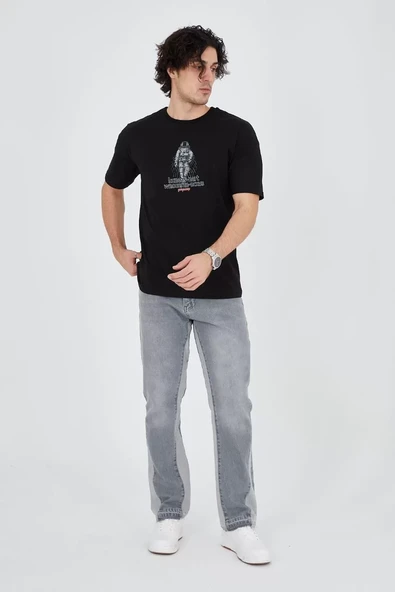 Erkek Penye Baskılı T-Shirt - Siyah - 1