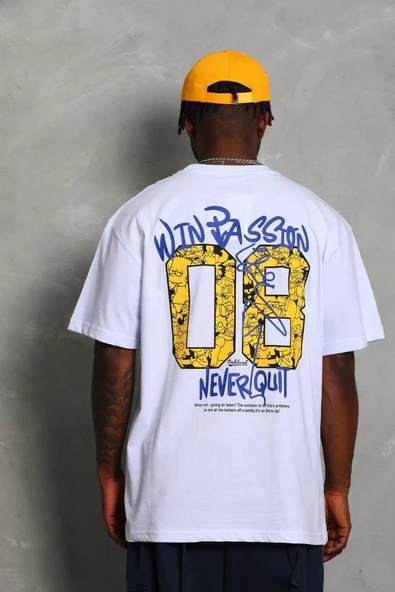 Unisex Oversize Baskılı Bisiklet Yaka T-Shirt - Beyaz - 4