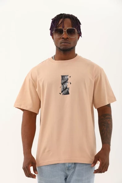 Unisex Oversize Baskılı Bisiklet Yaka T-Shirt - Bej - 2