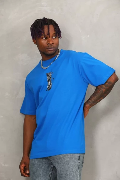 Unisex Oversize Baskılı Bisiklet Yaka T-Shirt - Mavi - 2