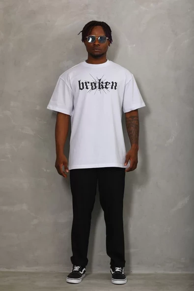 Unisex Oversize Baskılı Bisiklet Yaka T-Shirt - Beyaz - 4