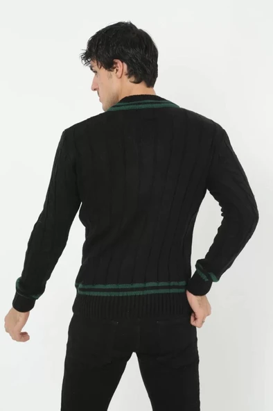 Erkek V Yaka Örgülü Kazak - Siyah - 3