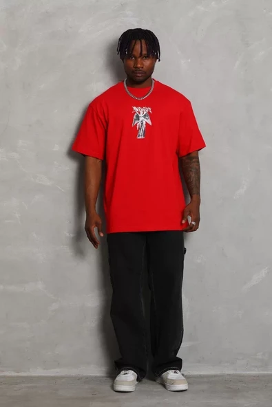 Unisex Oversize Baskılı Bisiklet Yaka T-Shirt - Kırmızı - 3