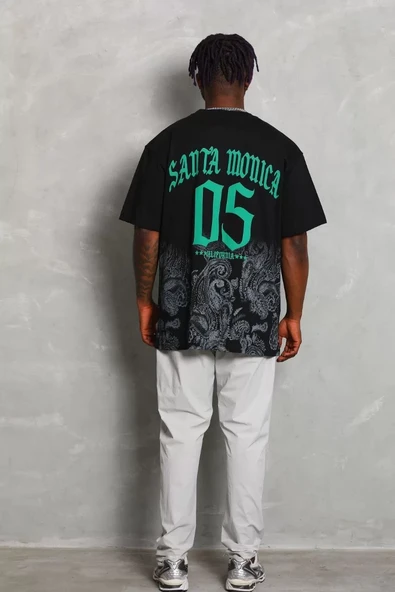 Unisex Oversize Baskılı Bisiklet Yaka T-Shirt - Siyah - 4