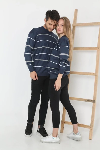 Kadın Çizgili Nakışlı Kazak - Mavi - 4