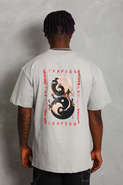 Unisex Oversize Baskılı Bisiklet Yaka T-Shirt - Gri - 5