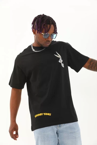 Unisex Oversize Baskılı Bisiklet Yaka T-Shirt - Siyah - 1