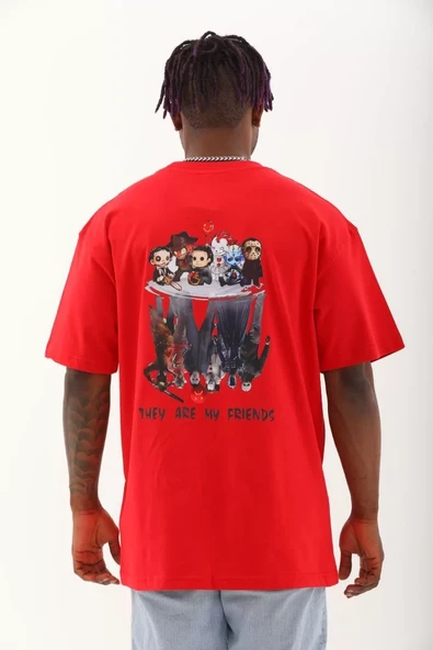 Unisex Oversize Baskılı Bisiklet Yaka T-Shirt - Kırmızı - 5