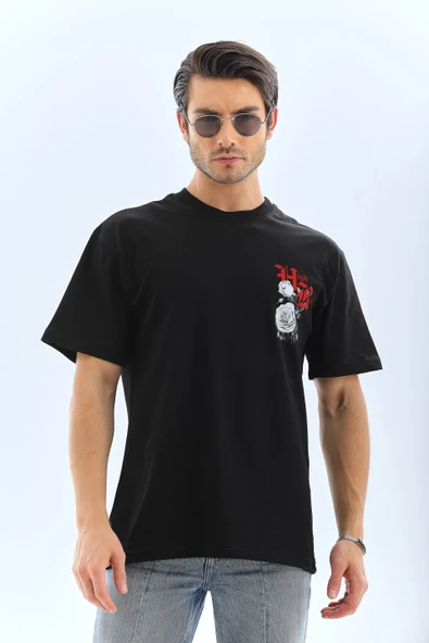Unisex Oversize Baskılı Bisiklet Yaka T-Shirt - Siyah - 7