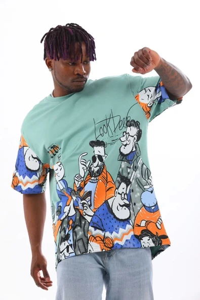 Unisex Oversize Baskılı Bisiklet Yaka T-Shirt - Mint Yeşili - 6