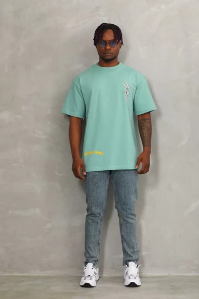 Unisex Oversize Baskılı Bisiklet Yaka T-Shirt - Mint Yeşili - 4