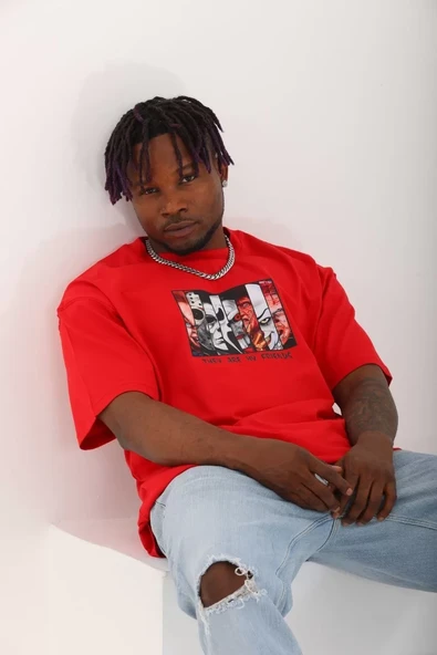 Unisex Oversize Baskılı Bisiklet Yaka T-Shirt - Kırmızı - 2