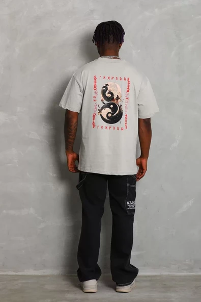 Unisex Oversize Baskılı Bisiklet Yaka T-Shirt - Gri - 4