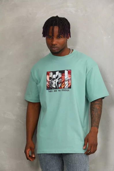 Unisex Oversize Baskılı Bisiklet Yaka T-Shirt - Mint Yeşili - 2