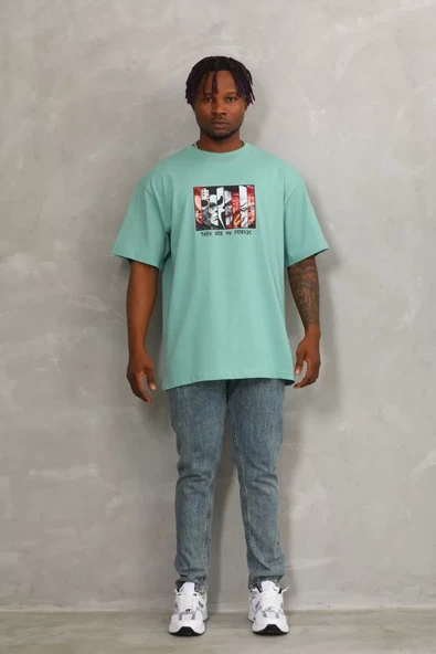 Unisex Oversize Baskılı Bisiklet Yaka T-Shirt - Mint Yeşili - 4