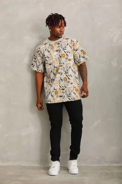 Unisex Oversize Baskılı Bisiklet Yaka T-Shirt - Gri - 3