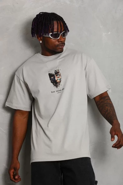 Unisex Oversize Baskılı Bisiklet Yaka T-Shirt - Gri - 1
