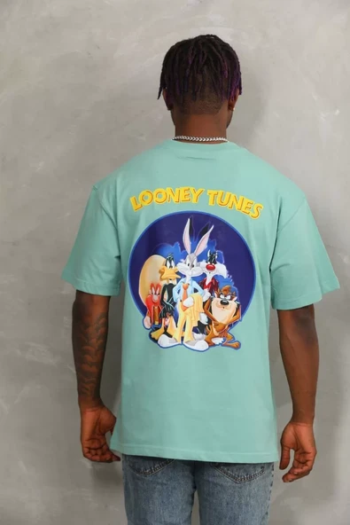 Unisex Oversize Baskılı Bisiklet Yaka T-Shirt - Mint Yeşili - 5