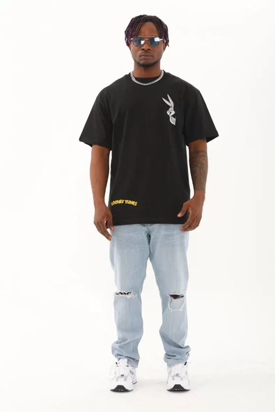 Unisex Oversize Baskılı Bisiklet Yaka T-Shirt - Siyah - 3