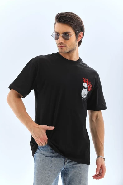 Unisex Oversize Baskılı Bisiklet Yaka T-Shirt - Siyah - 3