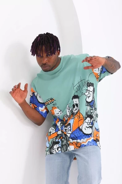 Unisex Oversize Baskılı Bisiklet Yaka T-Shirt - Mint Yeşili - 5