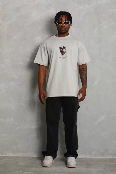 Unisex Oversize Baskılı Bisiklet Yaka T-Shirt - Gri - 3