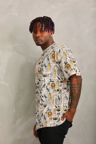 Unisex Oversize Baskılı Bisiklet Yaka T-Shirt - Gri - 4