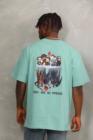 Unisex Oversize Baskılı Bisiklet Yaka T-Shirt - Mint Yeşili - 5