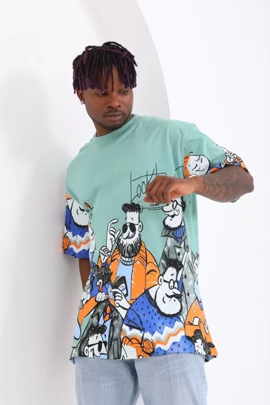 Unisex Oversize Baskılı Bisiklet Yaka T-Shirt - Mint Yeşili - 7