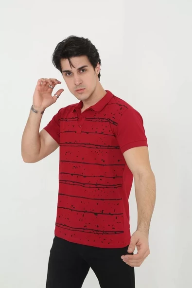 Erkek Yakalı Slim Fit Pike Çizgili T-Shirt - Kırmızı - 4