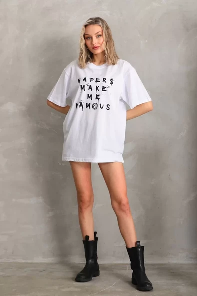 Unisex Baskılı Oversize T-Shirt - Beyaz - 6