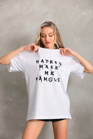 Unisex Baskılı Oversize T-Shirt - Beyaz - 5