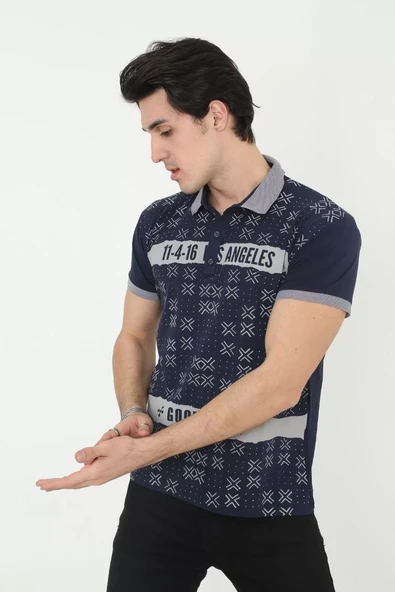 Erkek Yakalı Slim Fit Baskılı T-Shirt - Lacivert - 3