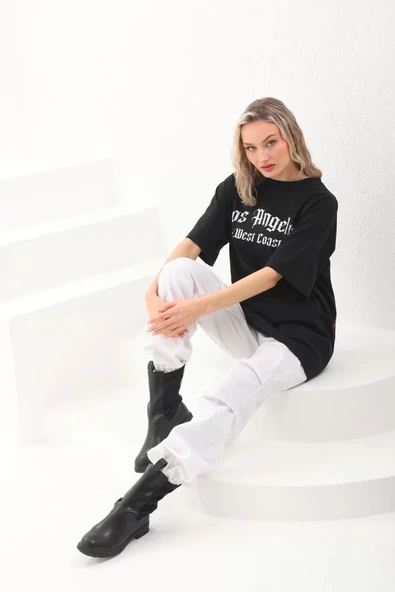 Unisex Baskılı Oversize T-Shirt - Siyah - 5