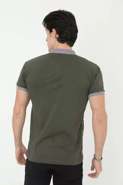 Erkek Yakalı Slim Fit Baskılı T-Shirt - Haki - 2