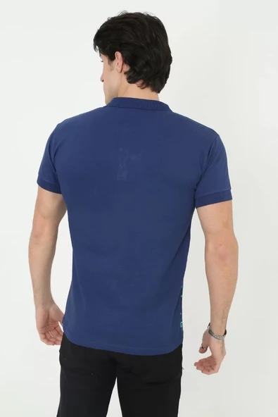 Erkek Yakalı Slim Fit Pike Çizgili T-Shirt - Mavi - 2