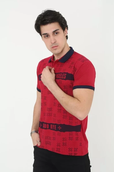 Erkek Yakalı Slim Fit Baskılı T-Shirt - Kırmızı - 4