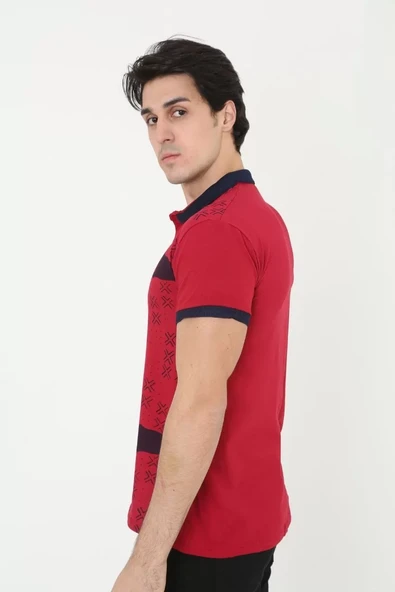 Erkek Yakalı Slim Fit Baskılı T-Shirt - Kırmızı - 3