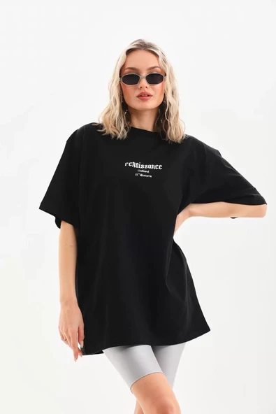 Unisex Baskılı Oversize T-Shirt - Siyah - 5