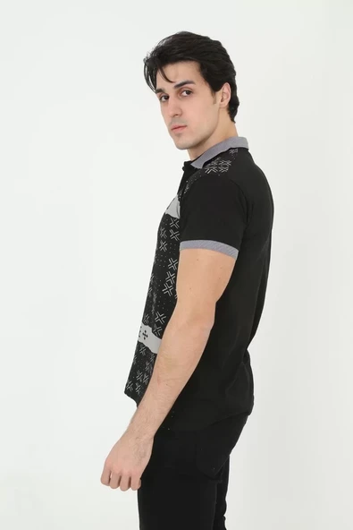 Erkek Yakalı Slim Fit Baskılı T-Shirt - Siyah - 4