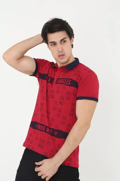 Erkek Yakalı Slim Fit Baskılı T-Shirt - Kırmızı - 5