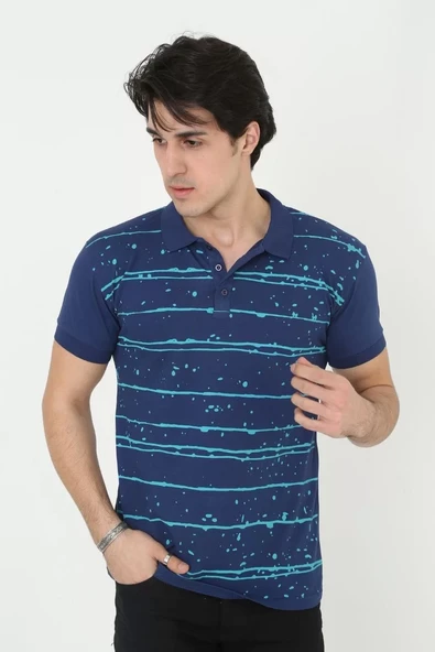 Erkek Yakalı Slim Fit Pike Çizgili T-Shirt - Mavi - 5