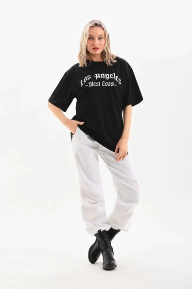 Unisex Baskılı Oversize T-Shirt - Siyah - 8