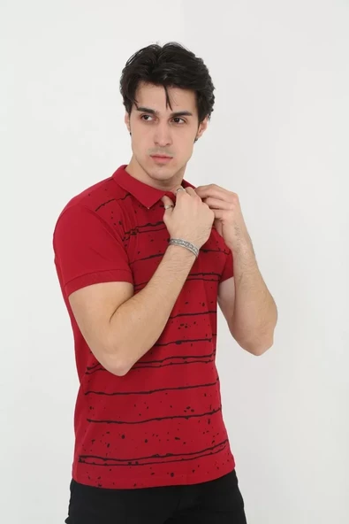 Erkek Yakalı Slim Fit Pike Çizgili T-Shirt - Kırmızı - 3