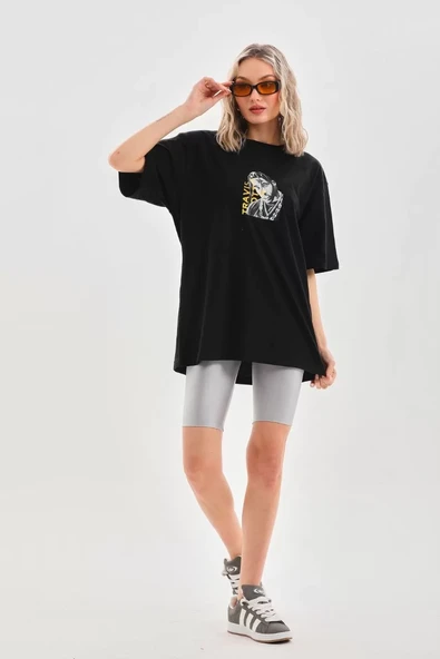 Unisex Baskılı Oversize T-Shirt - Siyah - 7