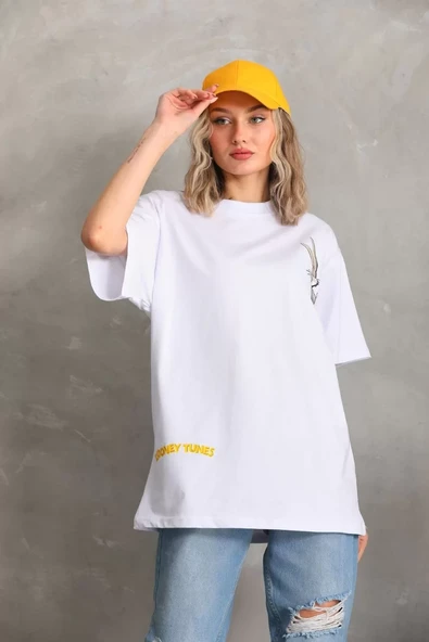 Unisex Baskılı Oversize T-Shirt - Beyaz - 5