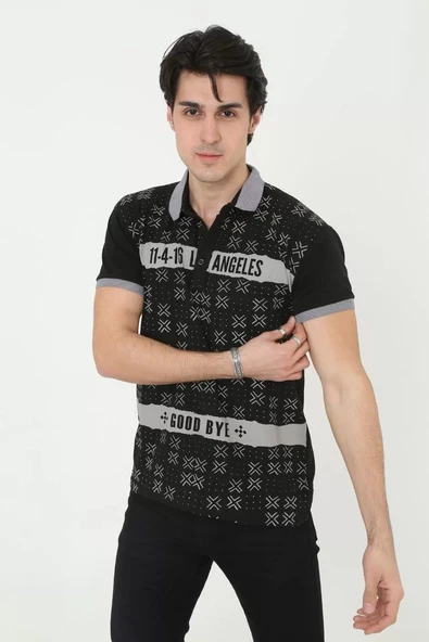 Erkek Yakalı Slim Fit Baskılı T-Shirt - Siyah - 3